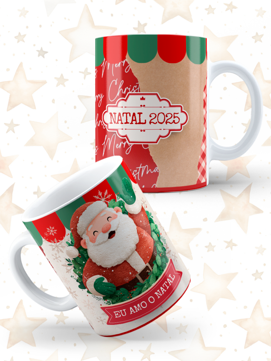 Caneca de Natal em cerâmica branca com estampa temática natalícia.