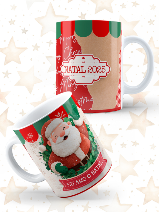 Caneca de Natal em cerâmica branca com estampa temática natalícia.
