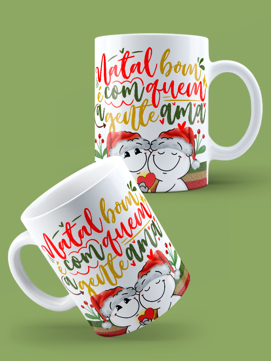 Caneca de Natal em cerâmica branca com estampa temática natalícia.