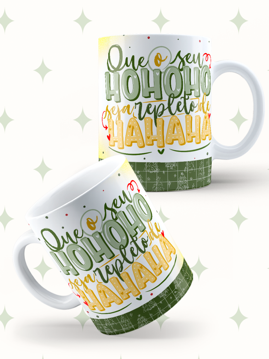 Caneca de Natal em cerâmica branca com estampa temática natalícia.