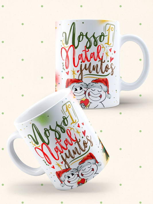 Caneca de Natal em cerâmica branca com estampa temática natalícia.