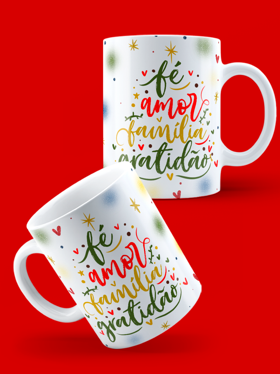Caneca de Natal em cerâmica branca com estampa temática natalícia.