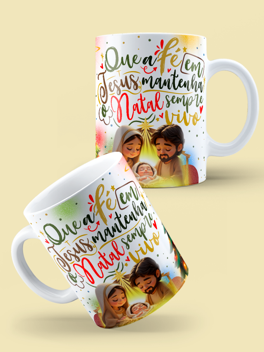 Caneca de Natal em cerâmica branca com estampa temática natalícia.