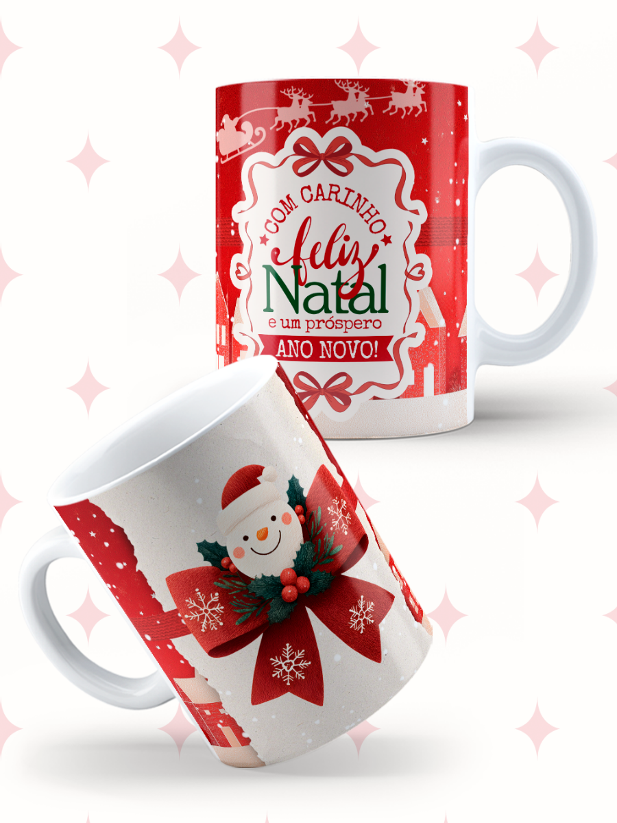 Caneca de Natal em cerâmica branca com estampa temática natalícia.