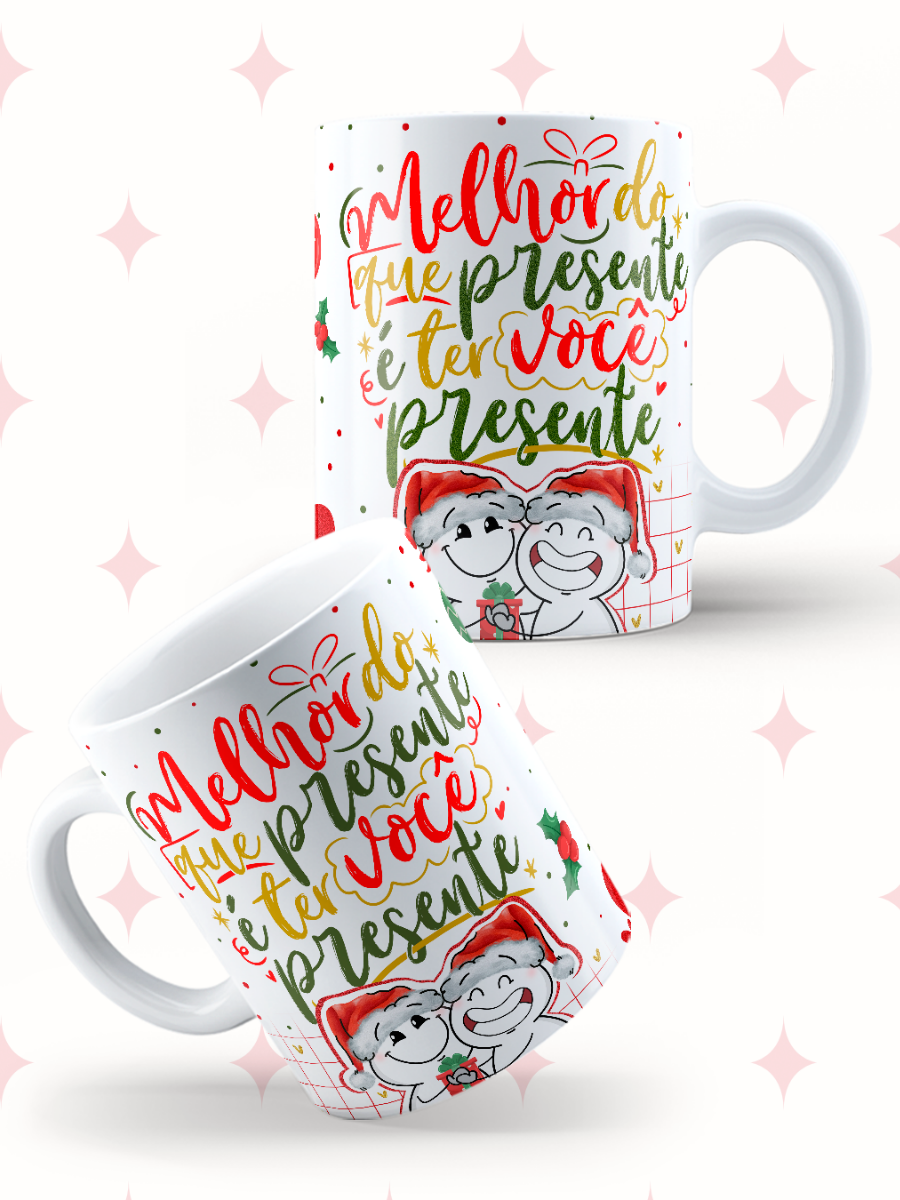 Caneca de Natal em cerâmica branca com estampa temática natalícia.