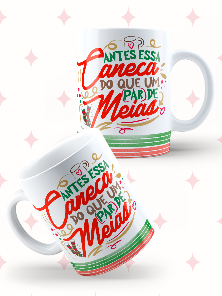 Caneca de Natal em cerâmica branca com estampa temática natalícia.
