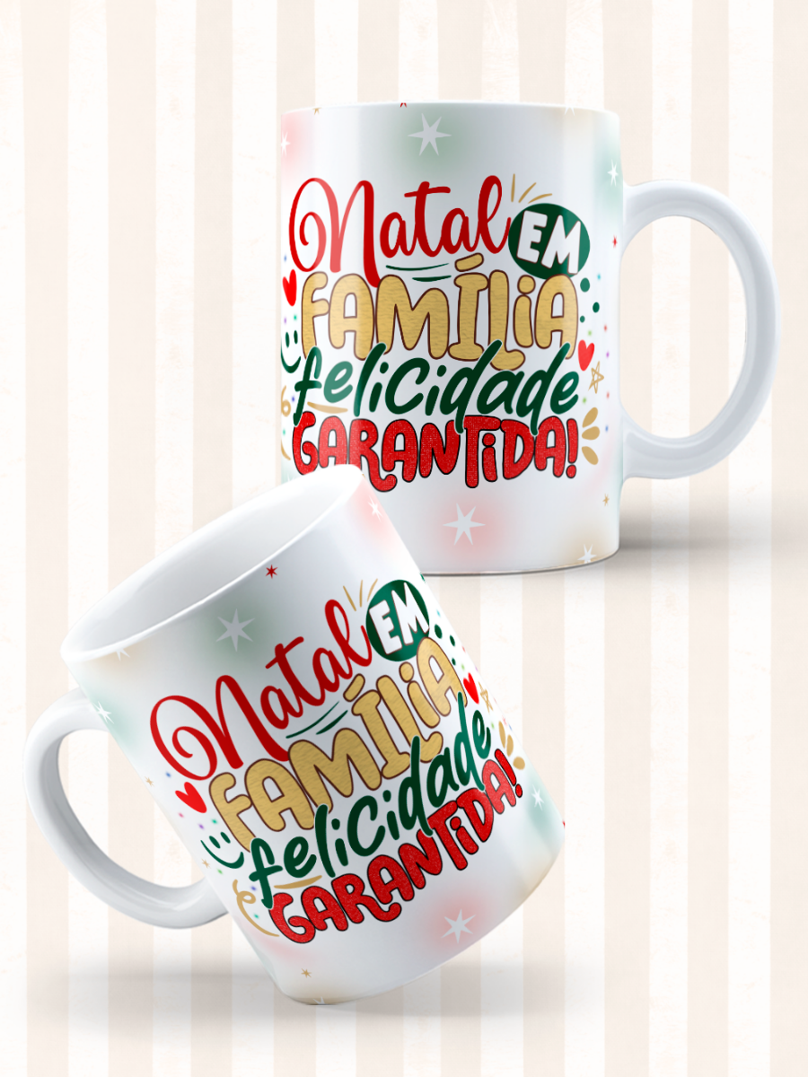 Caneca de Natal em cerâmica branca com estampa temática natalícia.