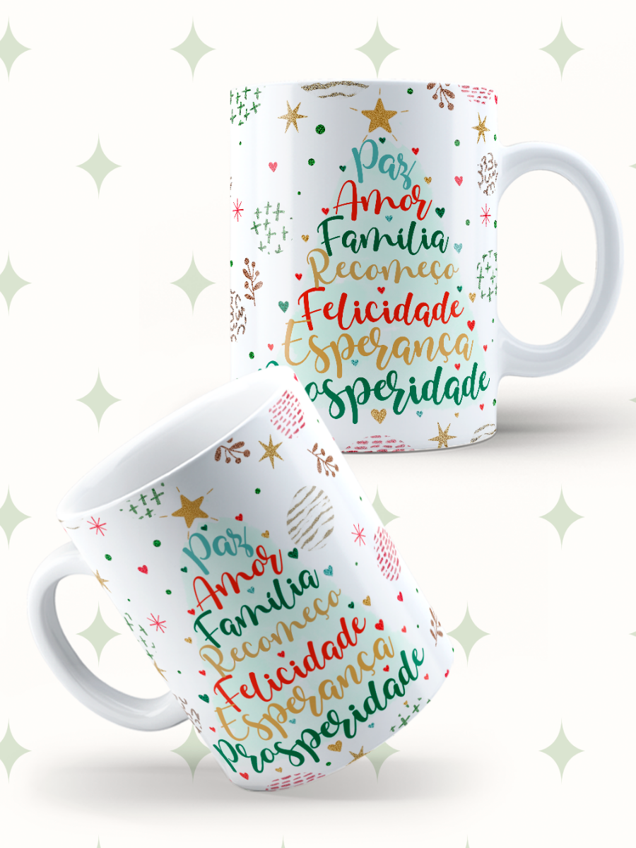 Caneca de Natal em cerâmica branca com estampa temática natalícia.