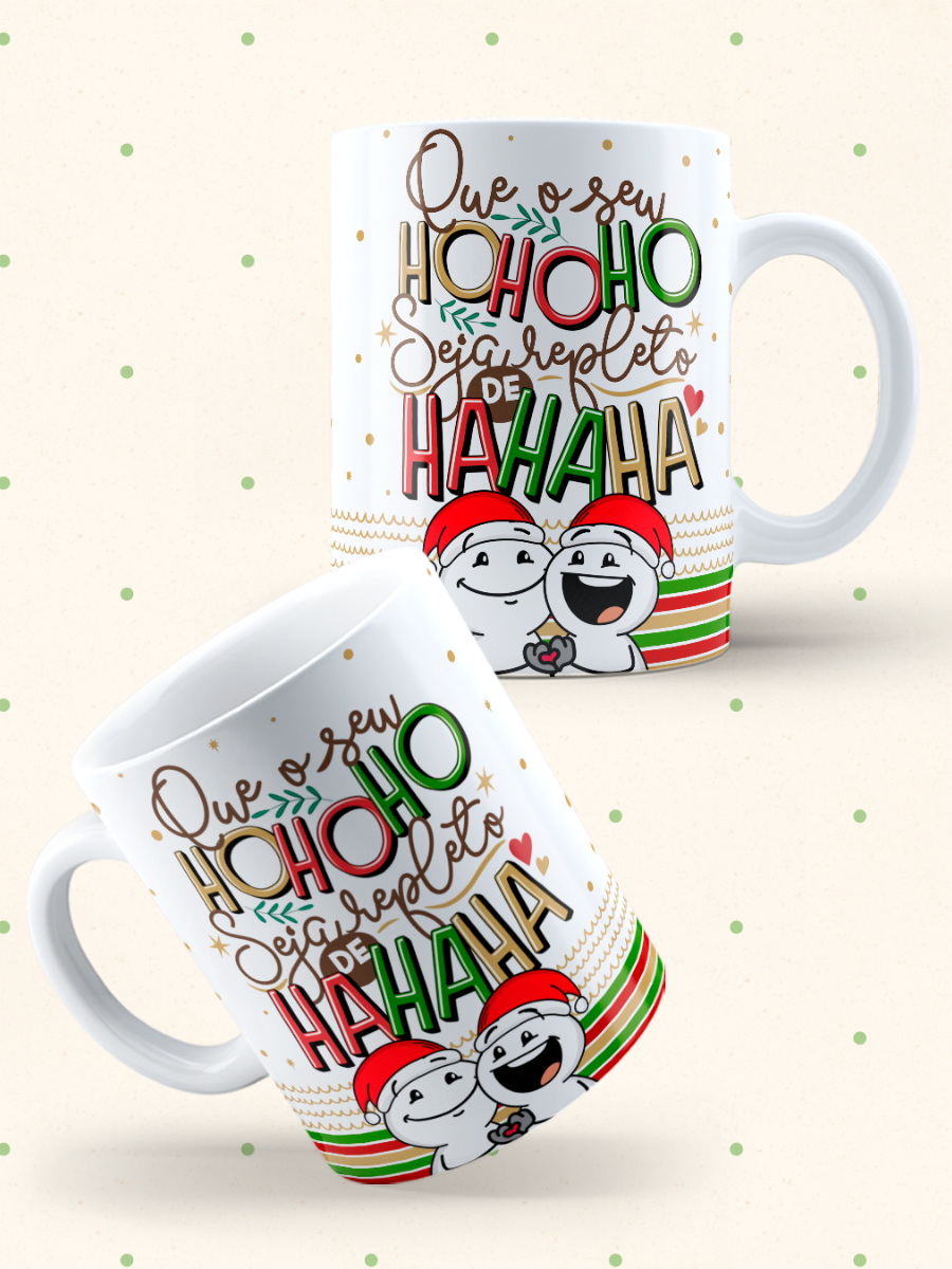 Caneca de Natal em cerâmica branca com estampa temática natalícia.