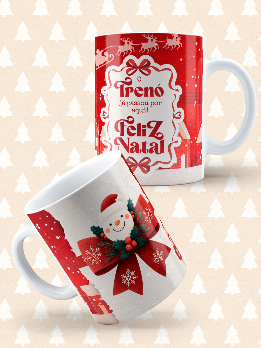 Caneca de Natal em cerâmica branca com estampa temática natalícia.
