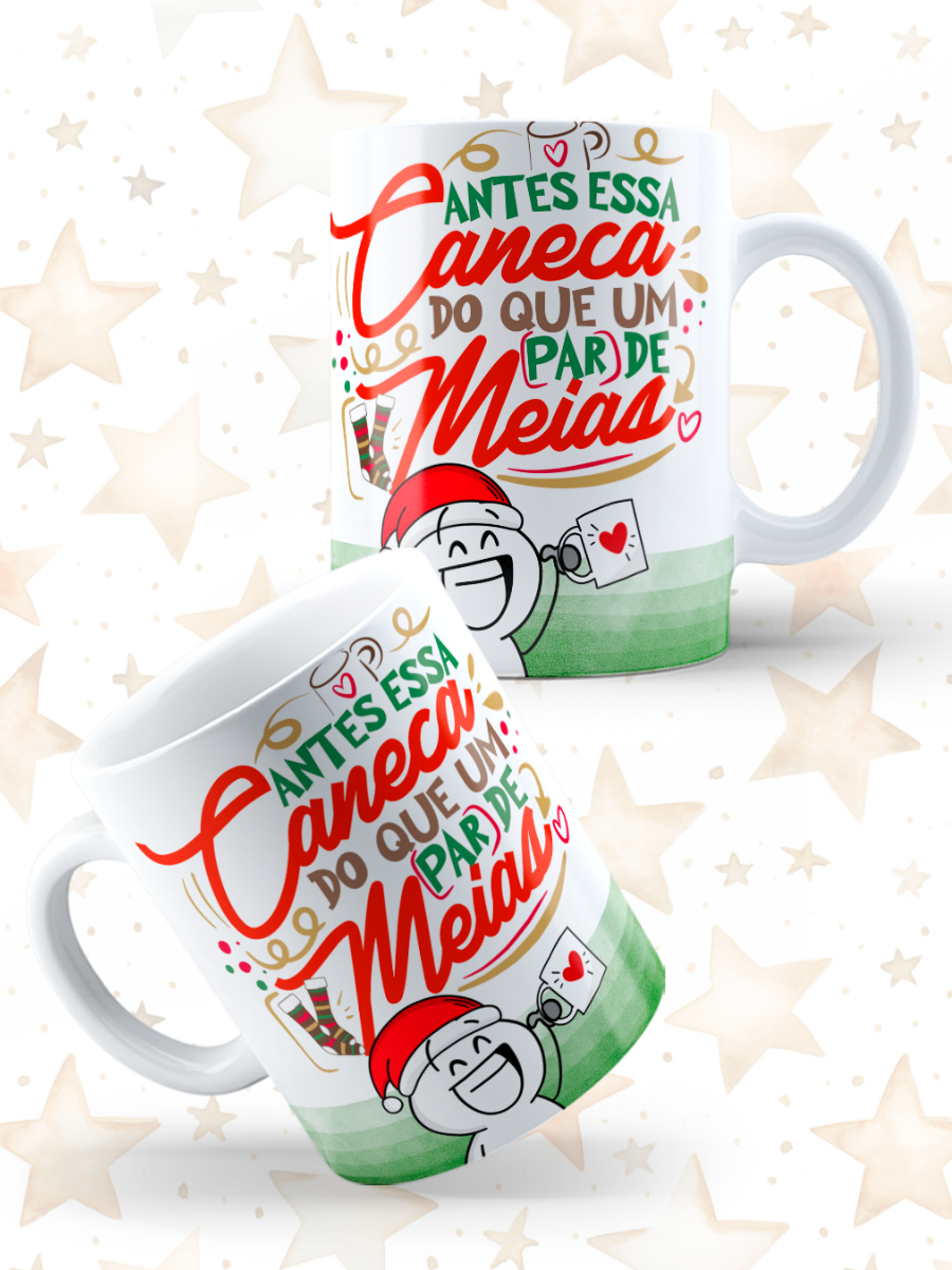 Caneca de Natal em cerâmica branca com estampa temática natalícia.