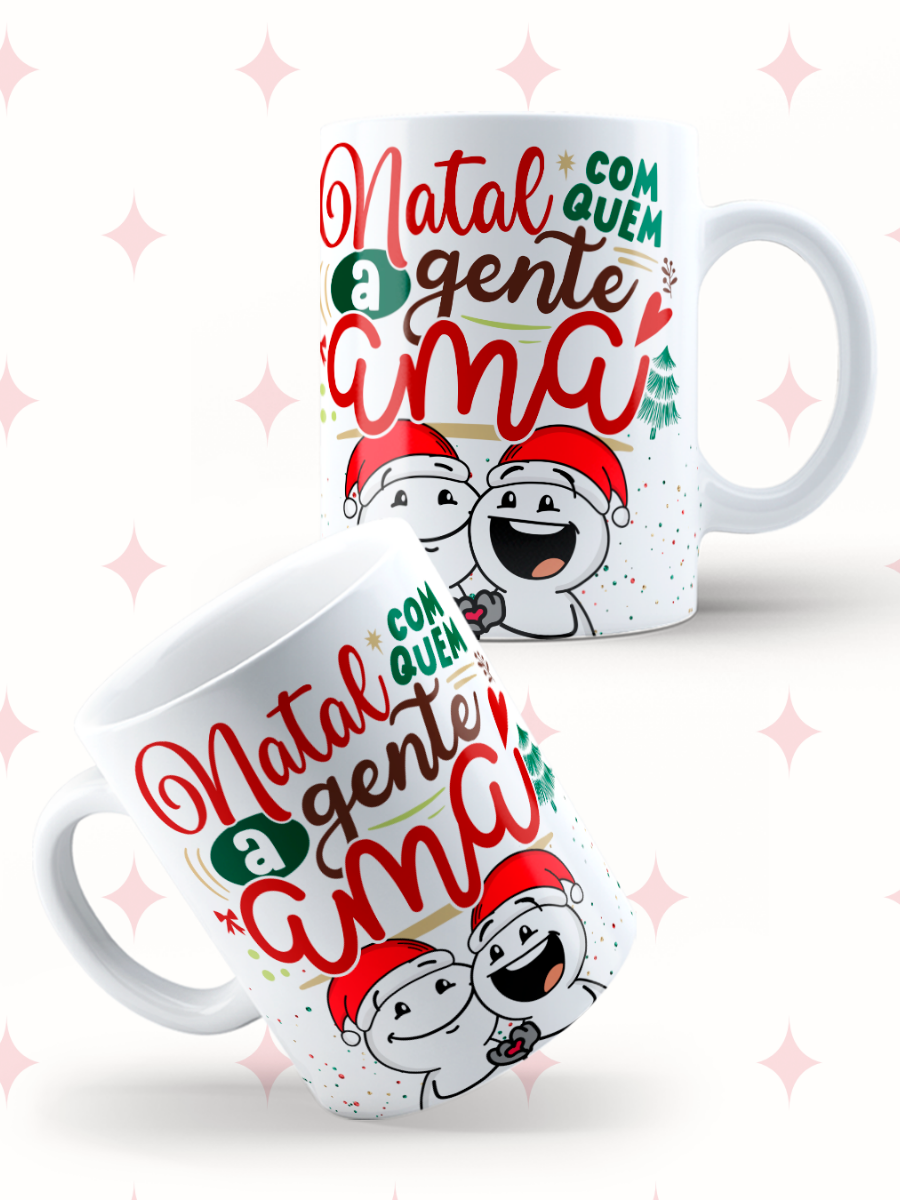 Caneca de Natal em cerâmica branca com estampa temática natalícia.