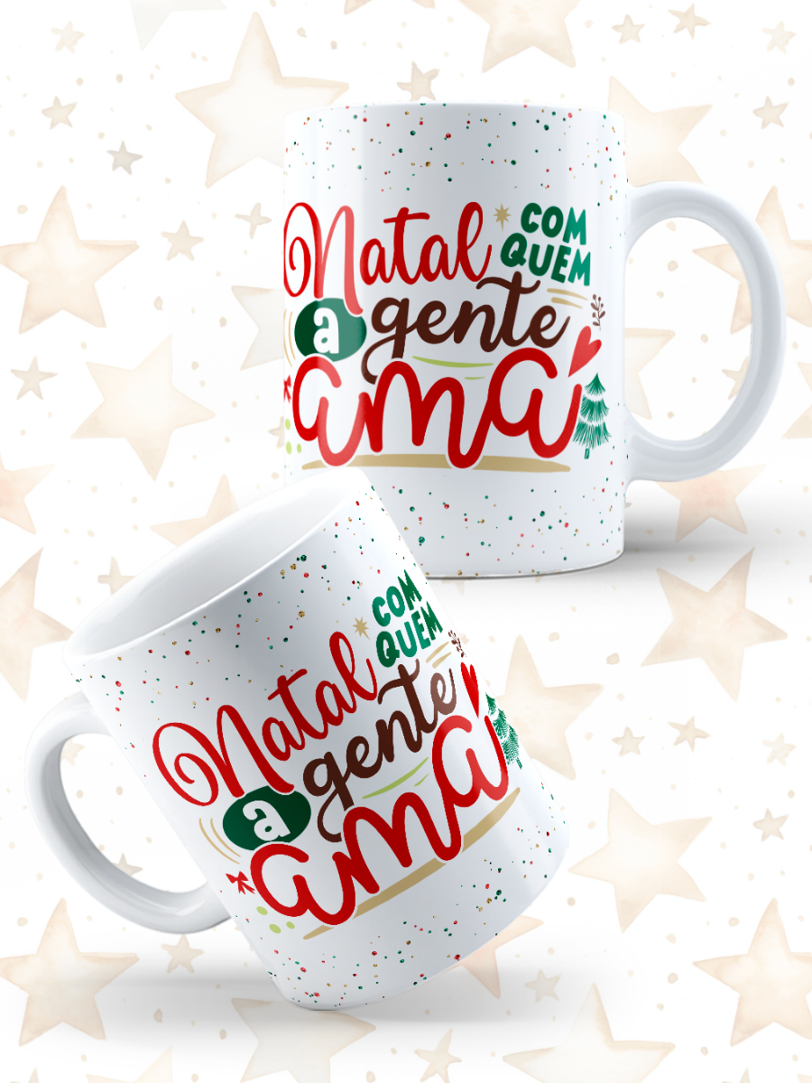 Caneca de Natal em cerâmica branca com estampa temática natalícia.