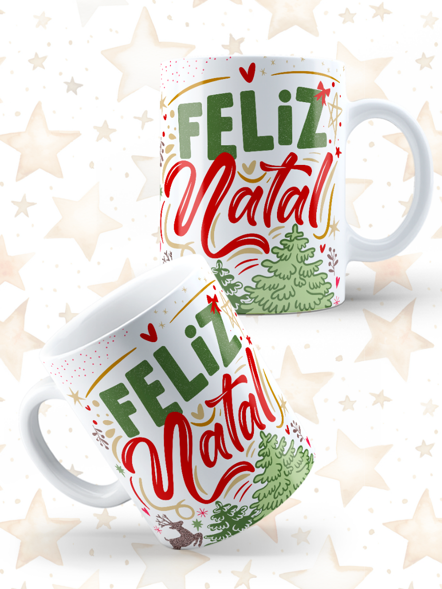 Caneca de Natal em cerâmica branca com estampa temática natalícia.