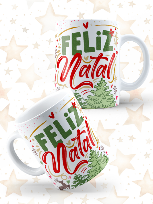 Caneca de Natal em cerâmica branca com estampa temática natalícia.