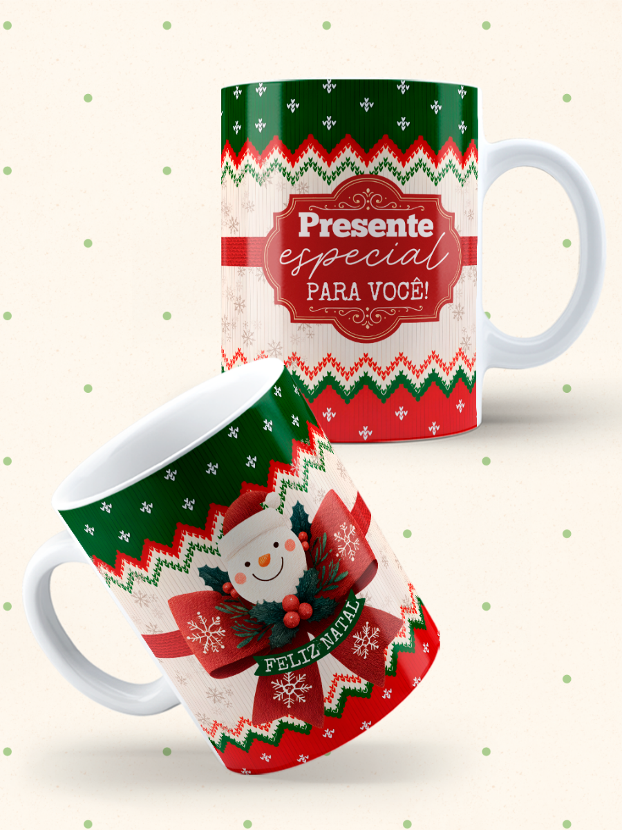 Caneca de Natal em cerâmica branca com estampa temática natalícia.