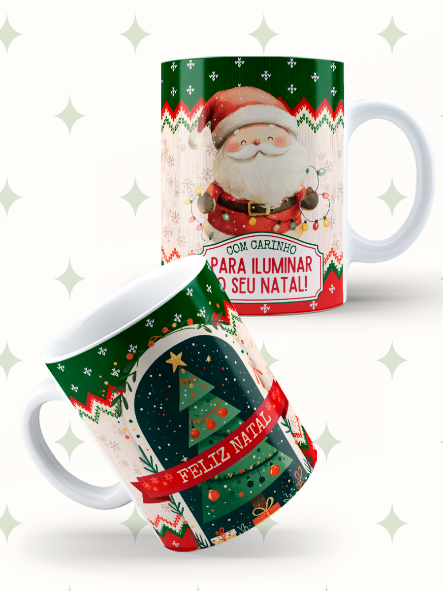 Caneca de Natal em cerâmica branca com estampa temática natalícia.